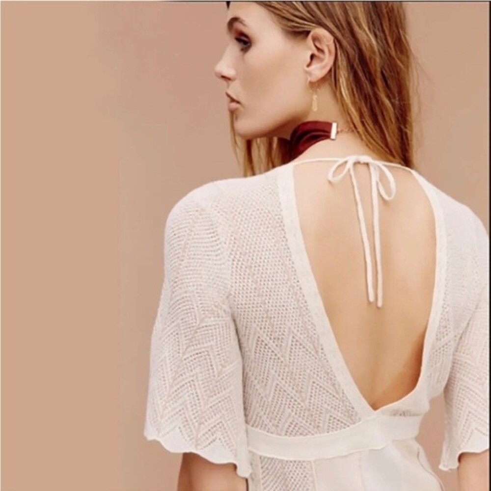Free People Deep V Knit Ivory/Pink Boho Chic Mini Dress- Size Small - Picture 4 of 8
